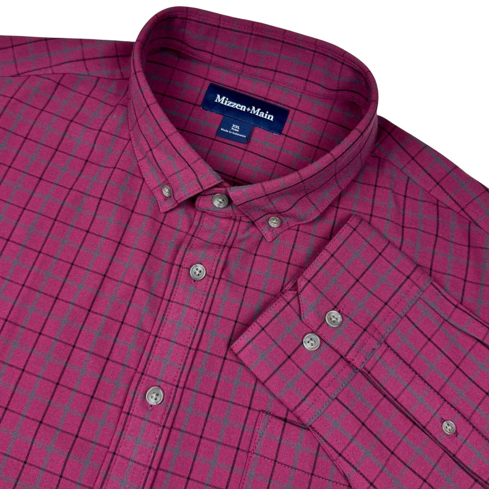 Mizzen +‎ Main City Flannel Plaid Shirt Mens XXL Trim Fit Dark Red Button Down